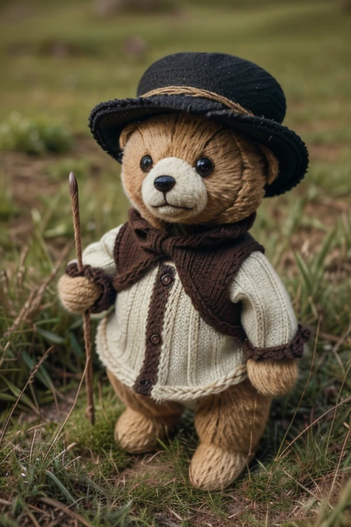 Knitted bear toy, small anthropomorphic animal, wearing a hat and period clothes from the 17th century, macro photography in thick grass, dew drops, reflective of the environment, super detailed toy, every fur on the toy is visible, You can see every little wrinkle on the clothes, I carry all my things on myself, Cute animal, Cute toy,