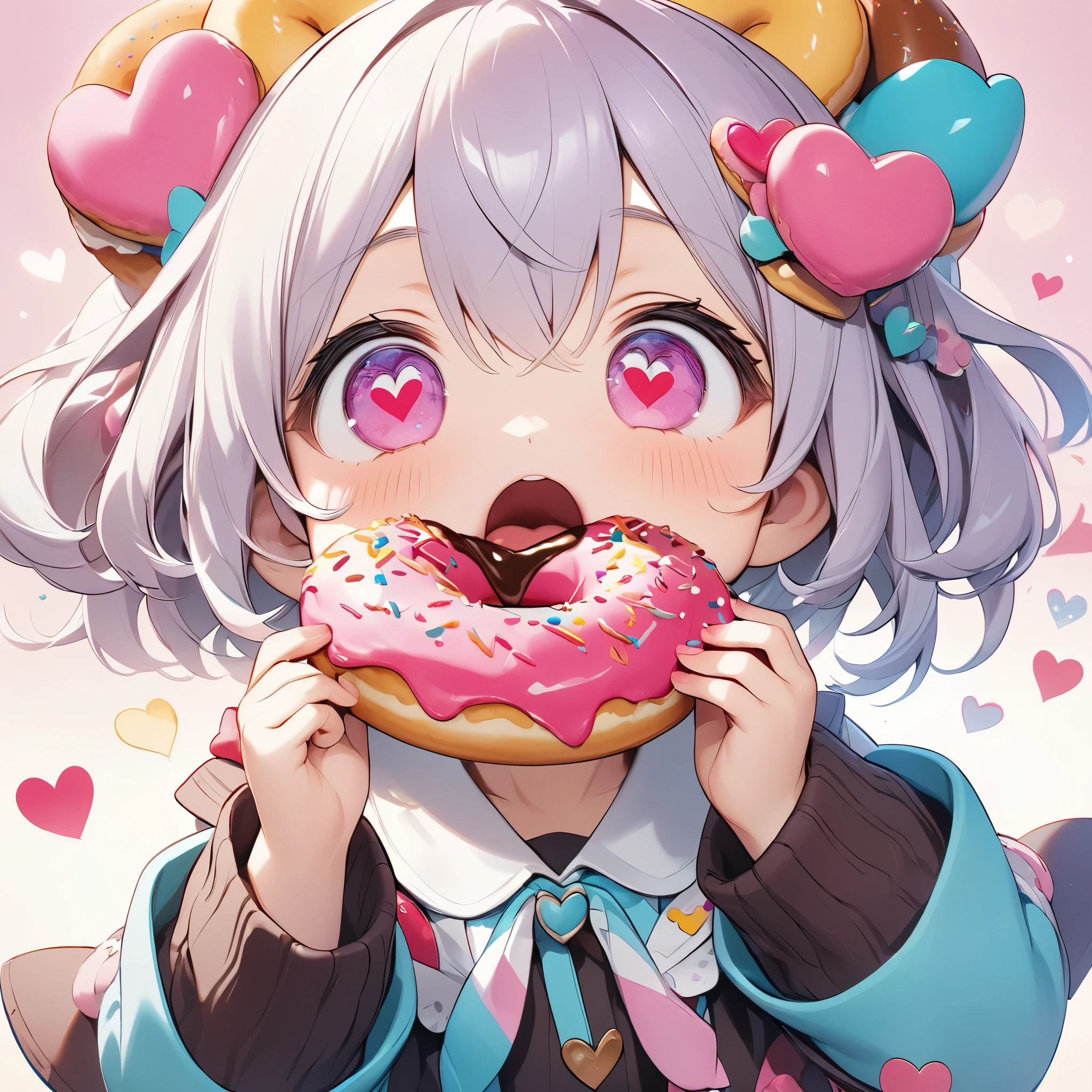 Ultra-small deformation, cute, Eating a donut, Looks so delicious, Open your mouth wide, ((Heart Eyes)), I love donuts❤, ARW