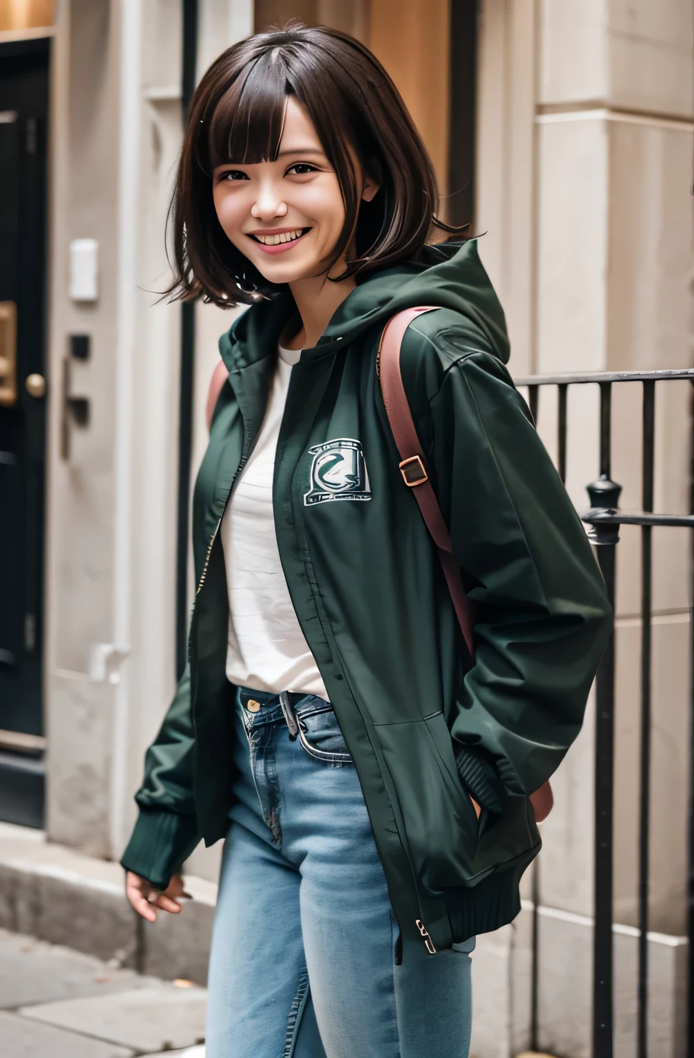 Woman standing at the entrance of a building、,Full body photo、 Black Hair、Short Haircut、Ear piercing、fringe, Teal hooded jacket, smile、Looking into the camera, 20-year-old girl, , Olive green blouse, Skinny jeans、sneakers、,chiaki nanami, Nanami Chiaki