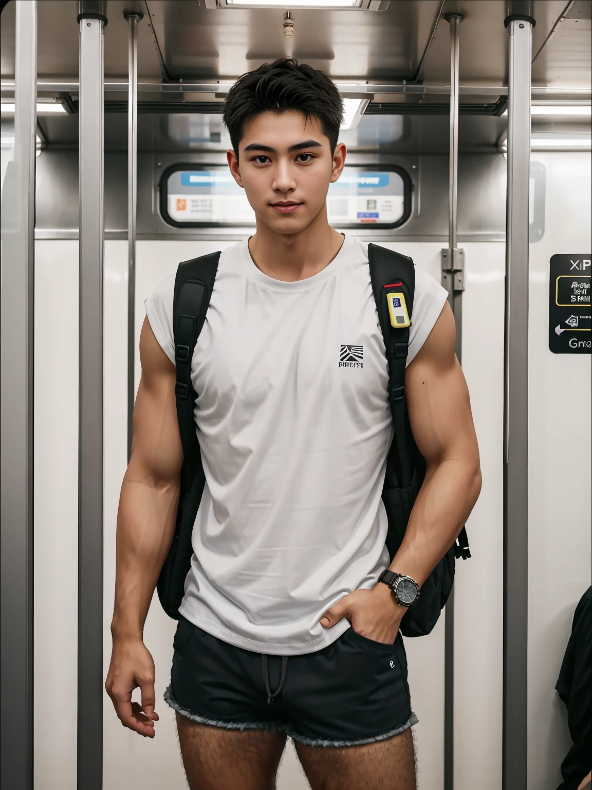 1 person,A 20-year-old man in the subway,Standing in a subway car,Ultra-flat head,White skinny sleeveless T-shirt,Wear yours with grey micro shorts,huge bulge, leg apart,musculous,Handsome,Look at your phone,Wear AirPods,Wear an Apple Watch,Sport backpack,white short socks,White sneakers,pervert smirk,exhilarated,full bodyesbian,Exposing thighs,Expose calves,Thick leg hair,In crowded subway cars,gentlesoftlighting,tmasterpiece,best qualtiy,8K UHD,digital SLR camera,filmgrain,Fujifilm XT3 Realistic painting art,Written by Midjourney and Greg Rutkowski