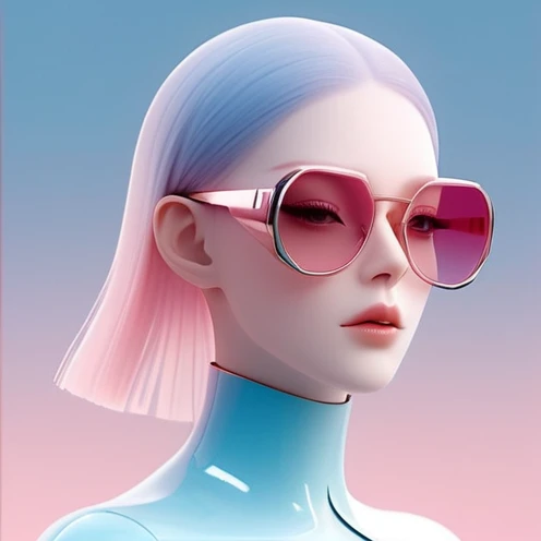 3D illustration of upper body and face of artificial intelligence model wearing futuristic glasses, Stylish glasses with tassels，Gradient background, Pastel color palette, pink blue, Simplicity, cold metallic textures, Surrealism,