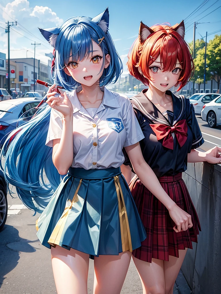 (highest quality)), ((masterpiece)), (family friendly), Perfect Face,Shiny skin,Beautiful breasts,Shiny skin、Kyoto Animation style painting、(((Short Bob)))、Cat ear、(((Double teeth)))、(((Sky blue hair color)))、(((White tips of hair)))、(((Red hairpin))) 、(((Golden Eyes)))、Sunburned skin、night、
、Belly button、cyber punk、Prone、{school uniform,Short sleeve shirt,break,(Checked skirt:1.2),ピースサイン
