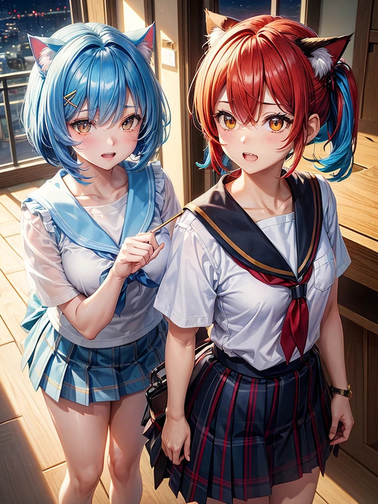 (highest quality)), ((masterpiece)), (family friendly), Perfect Face,Shiny skin,Beautiful breasts,Shiny skin、Kyoto Animation style painting、(((Short Bob)))、Cat ear、(((Double teeth)))、(((Sky blue hair color)))、(((White tips of hair)))、(((Red hairpin))) 、(((Golden Eyes)))、Sunburned skin、night、
、Belly button、cyber punk、Prone、{school uniform,Short sleeve shirt,break,(Checked skirt:1.2),ピースサイン