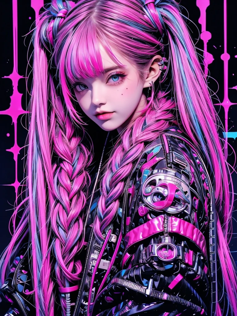 High quality, high resolution, rough texture, cyberpunk, 1 person, beautiful girl, cool face, glaring expression, pink and blue hair color, twin tails, braided, hugging a cyberpunk teddy bear