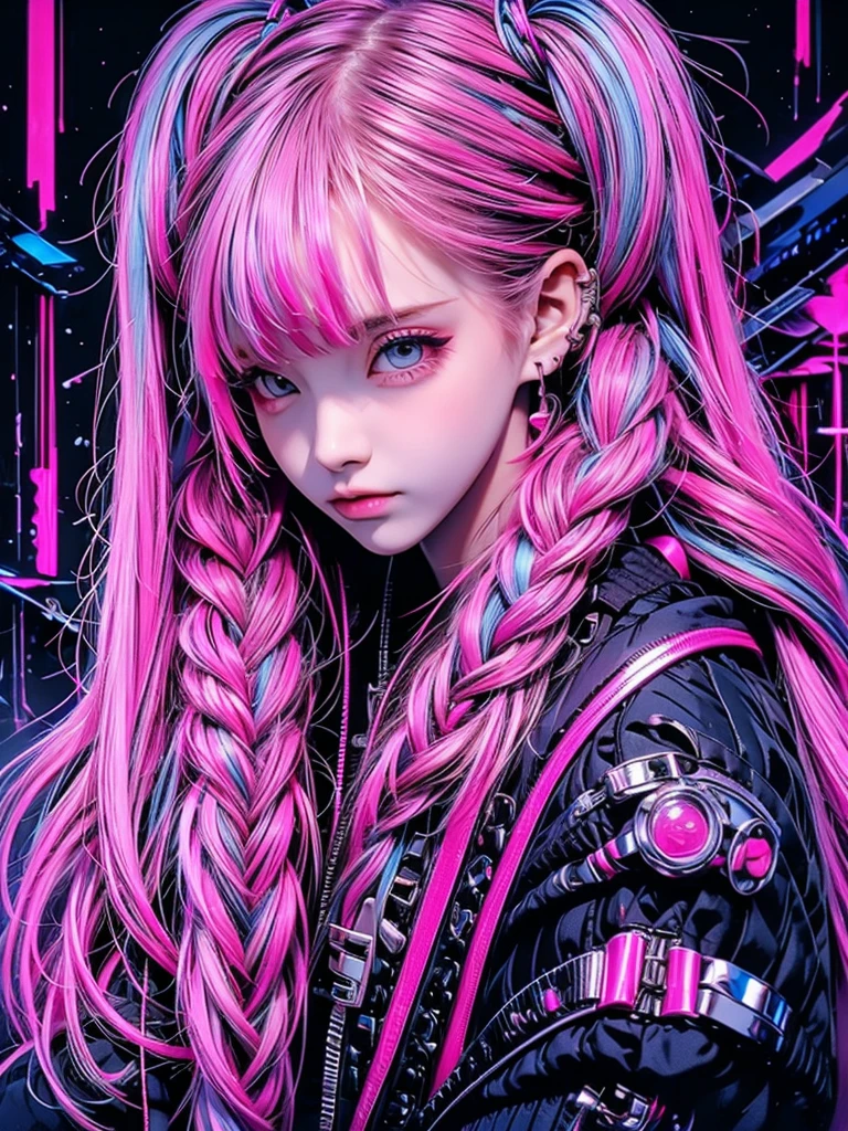 High quality, high resolution, rough texture, cyberpunk, 1 person, beautiful girl, cool face, glaring expression, pink and blue hair color, twin tails, braided, hugging a cyberpunk teddy bear
