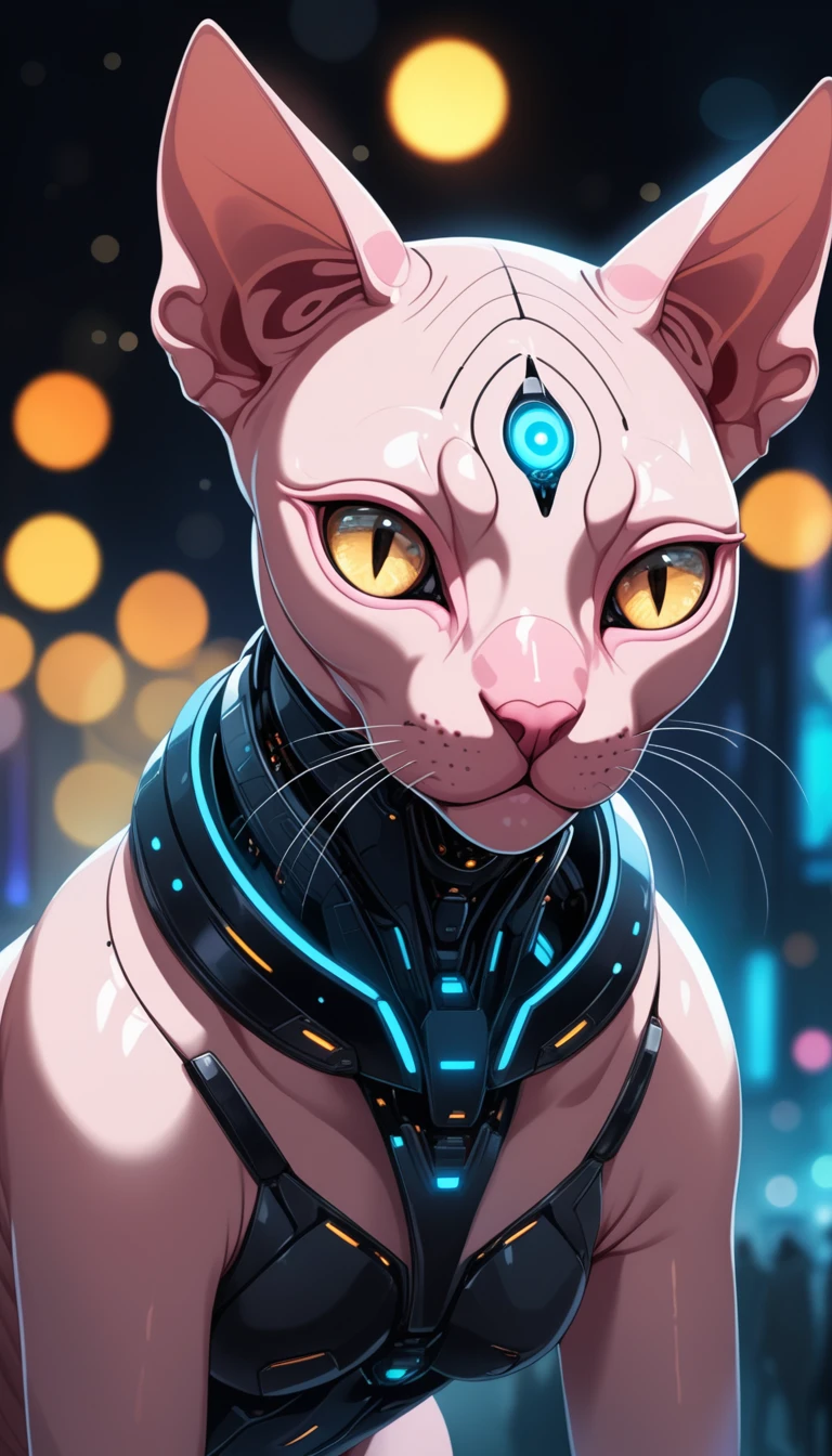 8K, RAW, best quality, masterpiece, ultra high res, colorful, portrait, (medium wide shot), (dynamic perspective), sharp focus , (depth of field, bokeh:1.3), extremely detailed eyes and face, beautiful detailed eyes,
sci-fi, digital art, robotic Sphynx Cat, dressed in good-looking appealing cybernetics, Foggy conditions, dramatic lighting, science fiction, drawing, cyber