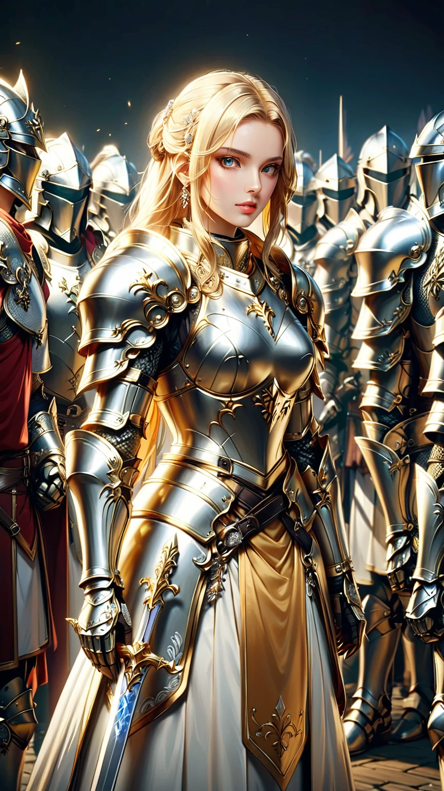 Close-up of a woman wearing armor standing in front of a crowd, gorgeous Paladin, female knight, Paladin, of a beautiful female knight, beautiful female knight, Armor girl, girl wearing knight armor, portrait knight woman, portrait of Paladin, Wearing light armor, beautiful armor, fantasy paladin woman, picture of Paladin