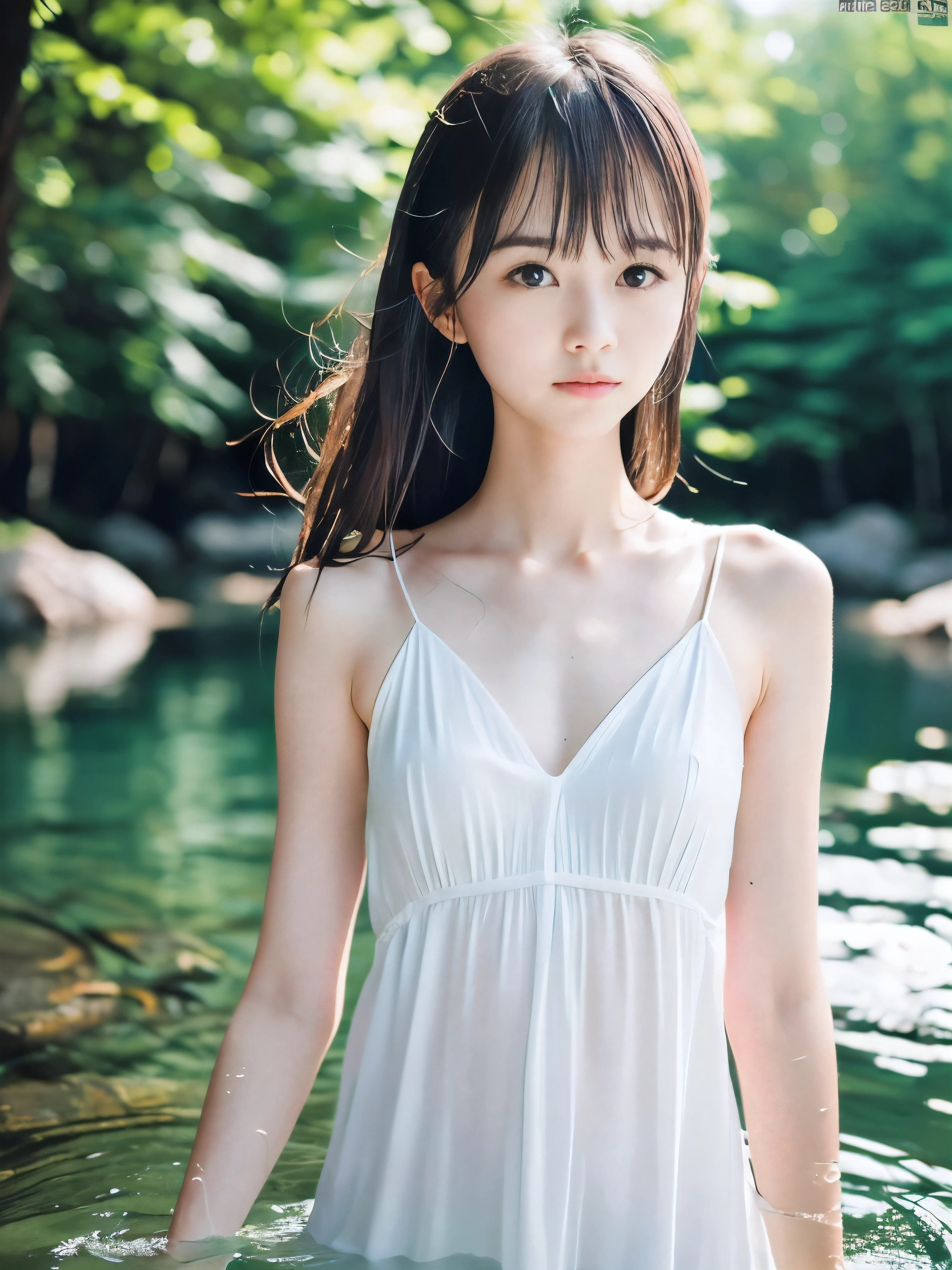 (Close up portrait of naked slender small-breasted half up brown long hair with bangs girl wearing a white summer dress:1.5)、(One naked girl is swimming in the clear stream and water fall at the forest in Japan:1.5)、(Summer beautiful blue sky and forest:1.5)、(blurred background:1.5)、(8k ultra detailed master piece:1.5)、(perfect anatomy:1.5)、(Photorealistic stick:1.5)、(Raw photo:1.3)、(highest quality:1.5)、(High resolution:1.3)、(Delicate and beautiful perfect face:1.3)、(Delicate and beautiful eye air skin:1.3)、(Real Human Skin:1.3)、((thin legs))