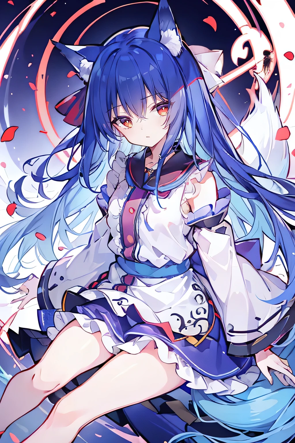 （masterpiece：1.2），Super detailed，lifelike，Expressive eyes，fair skin，perfect face shape，1 girl，
Japanese comics,Gorgeous blue hair,flowing blue hair,flowing clothes,Cat ears,Petals fall,beautiful lola,Baby Angel,
Shaking head with one hand，Cross your legs，，The pavilion is cool and comfortable,smile,back views,sunrise,Petals fall,Long sleeve，skirt，Red Eye，solo，Japanese clothes，Sky，Fox ears，Fox Tail，Fox Girl，