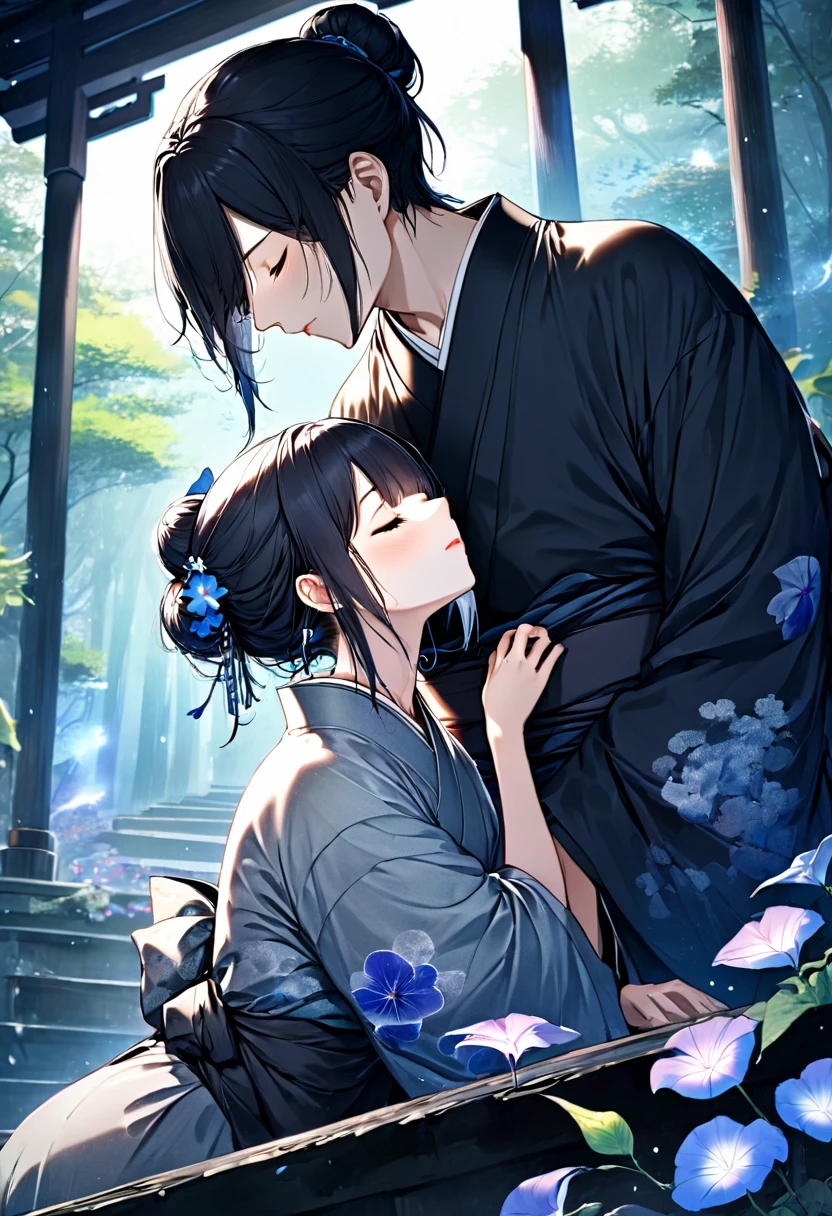 (lovers kissing style) (boy is kissing to girl), (a boy is crew cut silver very short hair 16 yo closed eyes) and (a girl is asymmetry bangs Messy bun black long hair sadist, closed eyes), lovers kissing, in a immensely beautiful yukata with double exposure morning glory) break, in the An empty shrine, background Night forest, many Noctiluca, girl is sit down on Shrine stairs, BREAK, perfect anatomy, masterpiece, best quality, 16k, beautiful detailed night, daydreaming expression.