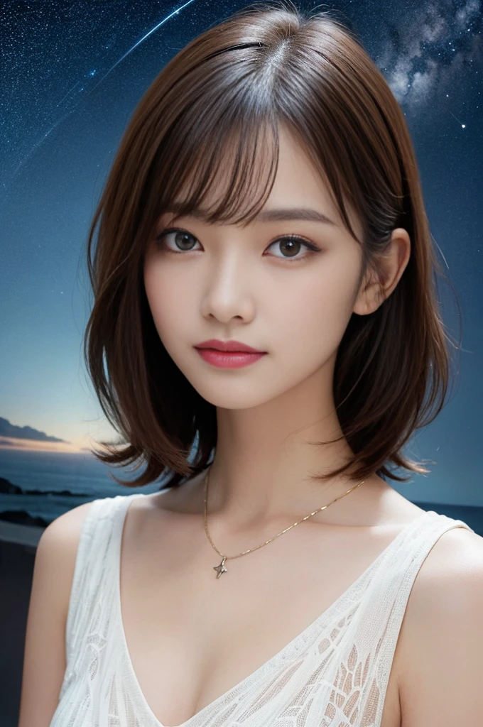 (Highest quality、High resolution、masterpiece:1.3)、Tall and pretty woman、Big ample breasts、Dark brown hair,Scattered wavy、Medium Breast、Wear a pendant、abdomen、Short pants、(Background coast)、Exquisite expression of facial and skin texture details、Detailed eyes、double eyelid、A light smile、Upper Body、Short fine hair、Starry Sky、Put your arms behind your head、Saggy eyes、