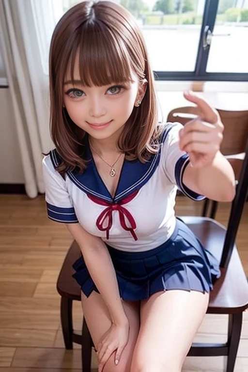 ((Sailor wear、Sailor Costume、Sailor Uniform、high school girl、Sailor suit、Red ribbon、Short sleeve、Navy pleated mini skirt with slit))、1 girl、Bob Hair、Brown Hair、Medium breast、smile、masterpiece:1.3、Raw photo、Highest quality、indoor、classroom、Sit on a chair、You can see the blackboard、Detailed Background、(Anatomically correct arms and legs、Anatomically correct fingers、Beautiful hands and fingers)、Looking at her smartphone and taking a selfie、