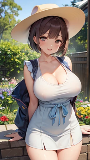 (masterpiece:1.2, Highest quality, Ultra-high resolution, Very detailed), (Realistic, photoRealistic:1.4), Beautiful illustrations, colorful, (Natural Side Lighting, Cinema Lighting), Show Viewer, ((1 female )), Japanese, ((Kindergarten children, 5 years old)), Perfect Face, (Perfect Anatomy), Cute and symmetrical face, Glowing Skin, ((Big Breasts)), (short hair:1.1, (Both sides up:1.2), Reddish brown hair), Asymmetrical bangs, Brown eyes, Droopy eyes, Big eyes, Long eyelashes, (((ロリBig Breasts))), Beautiful Hair, Beautiful Face, Beautiful details, Beautiful clavicle, Beautiful body, ((美しいBig Breasts)), Beautiful thighs, Beautiful legs, ((Detailed cloth texture, Light blue nursery smock, Yellow school hat)), (Beautiful views), Written boundary depth, evening, (garden, sandbox), Are standing, (smile, Upward glance, Open your mouth),