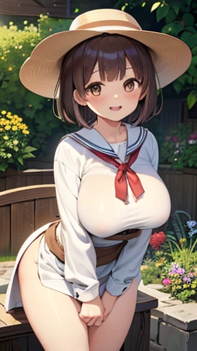 (masterpiece:1.2, Highest quality, Ultra-high resolution, Very detailed), (Realistic, photoRealistic:1.4), Beautiful illustrations, colorful, (Natural Side Lighting, Cinema Lighting), Show Viewer, ((1 female )), Japanese, ((Kindergarten children, 5 years old)), Perfect Face, (Perfect Anatomy), Cute and symmetrical face, Glowing Skin, ((Big Breasts)), (short hair:1.1, (Both sides up:1.2), Reddish brown hair), Asymmetrical bangs, Brown eyes, Droopy eyes, Big eyes, Long eyelashes, (((ロリBig Breasts))), Beautiful Hair, Beautiful Face, Beautiful details, Beautiful clavicle, Beautiful body, ((美しいBig Breasts)), Beautiful thighs, Beautiful legs, ((Detailed cloth texture, Light blue nursery smock, Yellow school hat)), (Beautiful views), Written boundary depth, evening, (garden, sandbox), Are standing, (smile, Upward glance, Open your mouth),