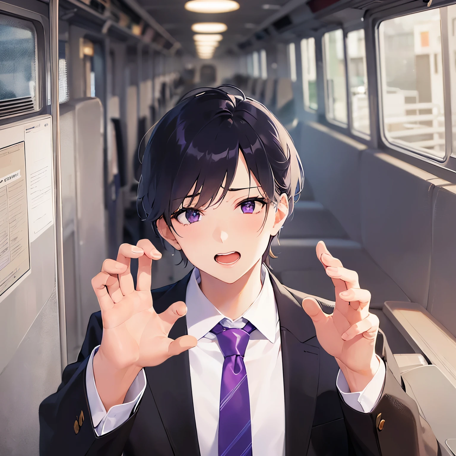 shiny skin,masterpiece,Highest quality,(27-year-old male:1.5),BREAK(Black short hair) and (Purple eyes)BREAK, (Wearing a suit:1.3) and (Purple tie:1.3),(sweat:1.2),(surprised:1.3),(open mouth),(reaching out:1.3),(Biologically correct５Finger),Background in the bus,(Alone:1.5)