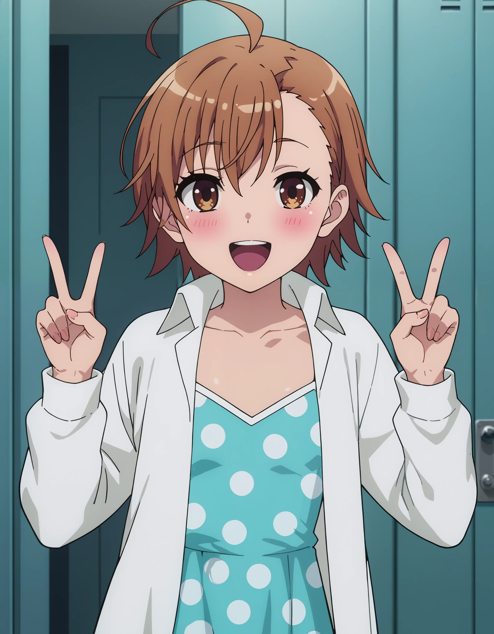 score_9, score_8_up, score_7_up, score_6_up, source_anime, anime screencap, 1girl, solo, See sample images,
LastOrd_T1V0, female , brown hair, short hair, asymmetrical hair, ahoge, brown eyes, flat chest, blush, 
white shirt, dress shirt, open shirt, aqua dress, polka dot dress, collarbone, 
hands up, double v, 
looking at viewer, smile, open mouth, happy, 
indoors, full body,