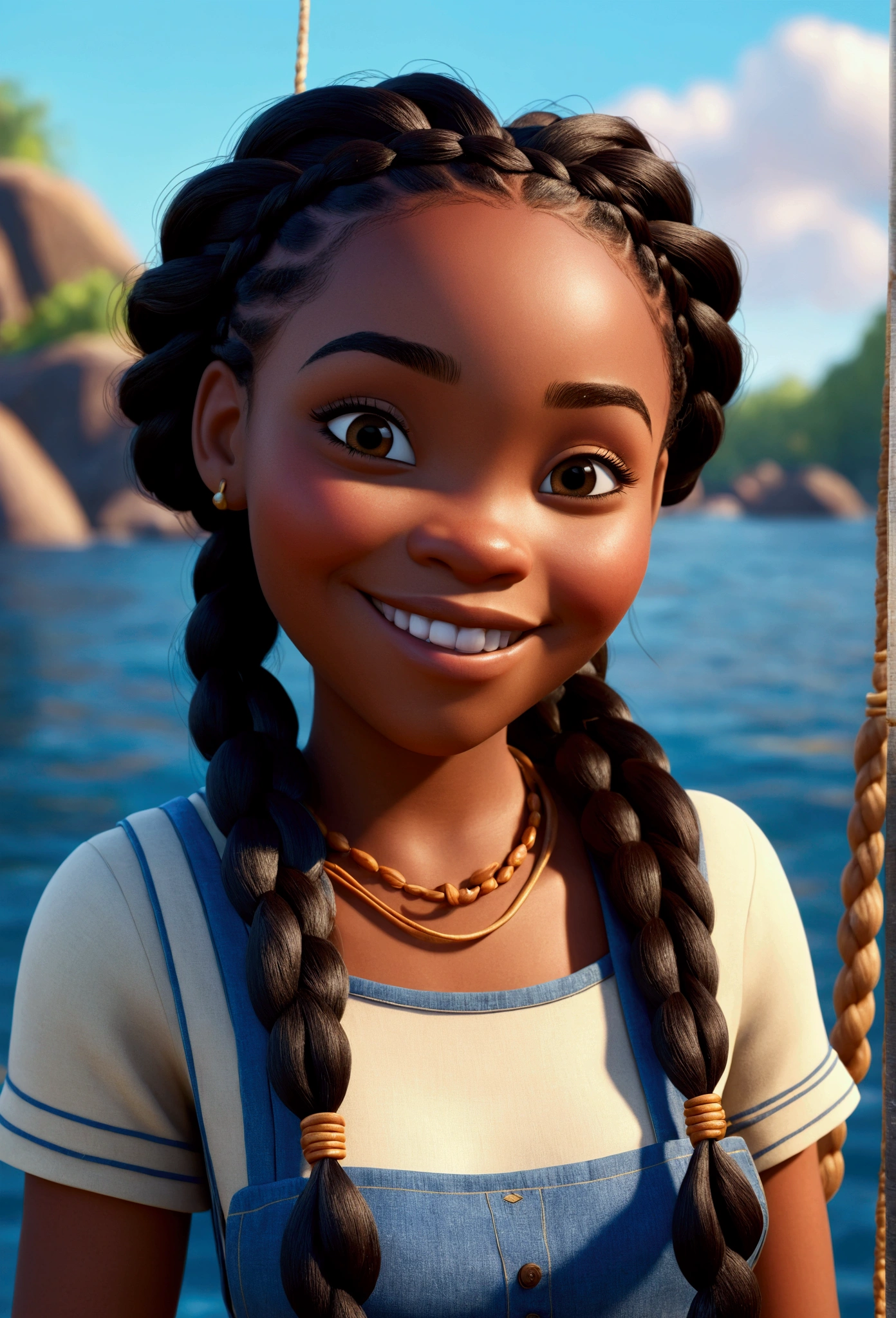 a black woman with long braided hair, cute smiling expression, detailed 3D character, Pixar art style, Disney-style makeup, fisherman, cinematic lighting, closeup portrait