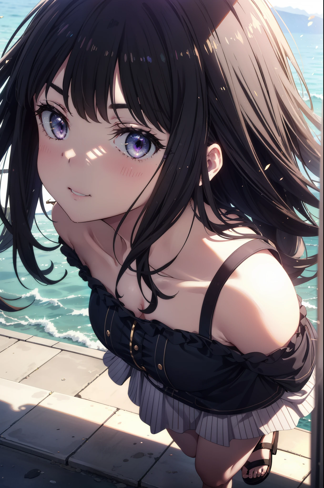 Takiuchikami, Long Hair, bangs, Black Hair, (Purple eyes:1.2),Blue off-the-shoulder dress,Long skirt,Heeled Sandals,Daytime,sunny,Palm tree,Walking,smile,blush,whole bodyがイラストに入るように,
break outdoors, tropical,Coastal Road,
break looking at viewer, whole body,
break (masterpiece:1.2), Highest quality, High resolution, unity 8k wallpaper, (shape:0.8), (Beautiful attention to detail:1.6), Highly detailed face, Perfect lighting, Highly detailed CG, (Perfect hands, Perfect Anatomy),