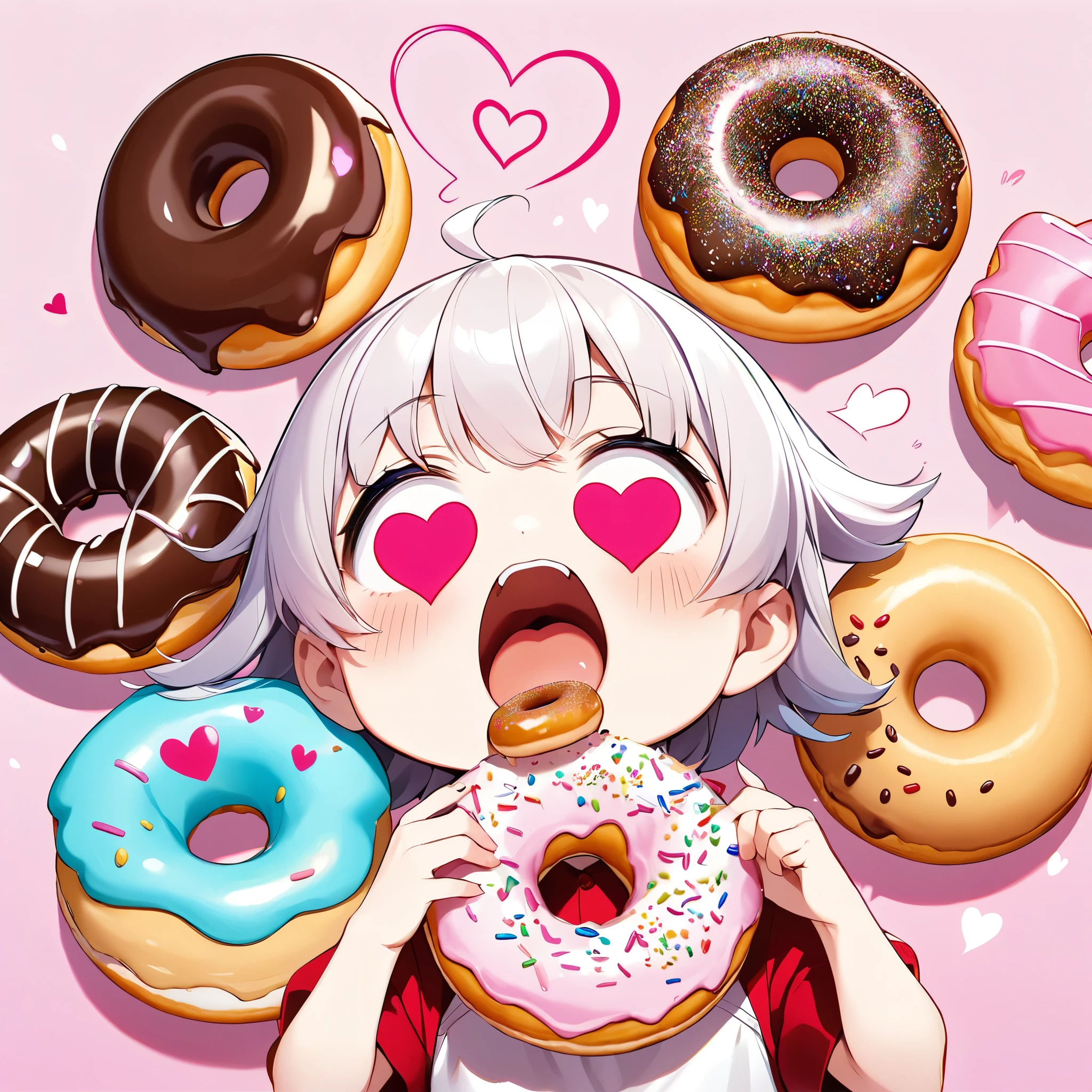 Ultra-small deformation, cute, Eating a donut, Looks so delicious, Open your mouth wide, ((Heart Eyes)), I love donuts❤,