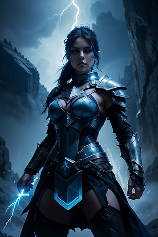angry evil beautiful and muscular, Nordic female, towering storm  with blue black hair in a ponytail, older and mature woman, throwing a lightning ball, glowing tattoos, wearing steel runic plate mail Armour , temple cave background with lightning storm, glowing blue eyes, square jaw, powerful and imposing, winter clothing