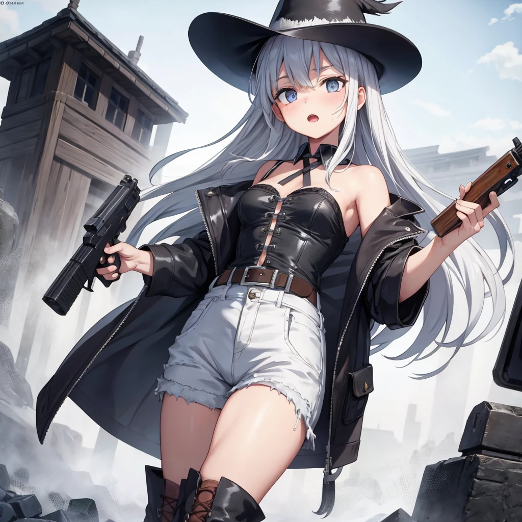 Highest quality、masterpiece、Official Art、The best configuration、western hat、Western Boots、White bustier、hot pants、Gun hanging from waist、Wind、Deep Focus,Absurd、Detailed eyes and face、He threatened Hideo.、 Grim Reaper&#39;s Scythe、Ride a futuristic flying vehicle、17277fbe68,dark,