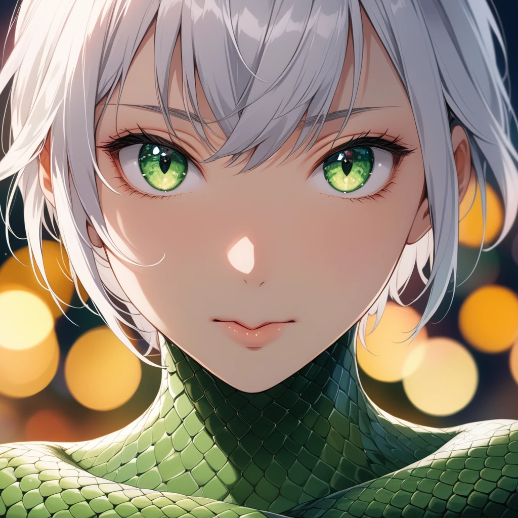 8K, RAW, best quality, masterpiece, ultra high res, colorful, portrait, (medium wide shot), (dynamic perspective), sharp focus , (depth of field, bokeh:1.3), extremely detailed eyes and face, beautiful detailed eyes,
Snake girl,snake colour bodysuit, green,green eyes, snake eyes, white hairs, no expression