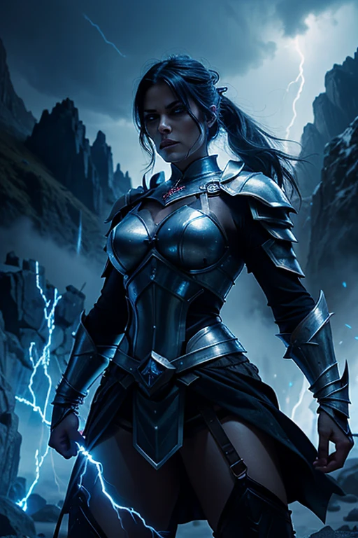 angry evil beautiful and muscular, Nordic female, towering storm Giantess with blue black hair in a ponytail, older and mature woman, throwing a lightning ball, glowing tattoos, wearing steel runic plate mail Armour , temple cave background with lightning storm, glowing blue eyes, square jaw, powerful and imposing, winter clothing