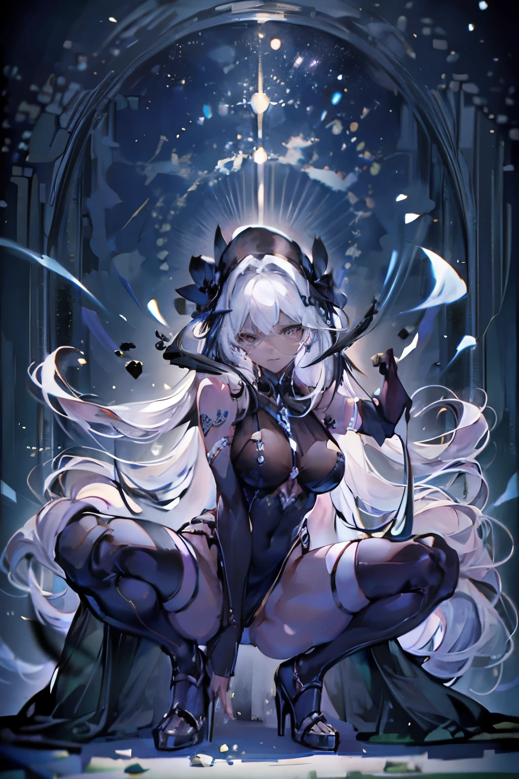 Flat lighting,elevation,sexy,A beautiful woman with supple curves,((Highest quality)), ((masterpiece)), (detailed), One girl,Silver Hair,Long Hair,Dark Skin,Wearing a black sleeveless dress,Wear black high heels,Front squatting pose,Starry Sky.View from the front