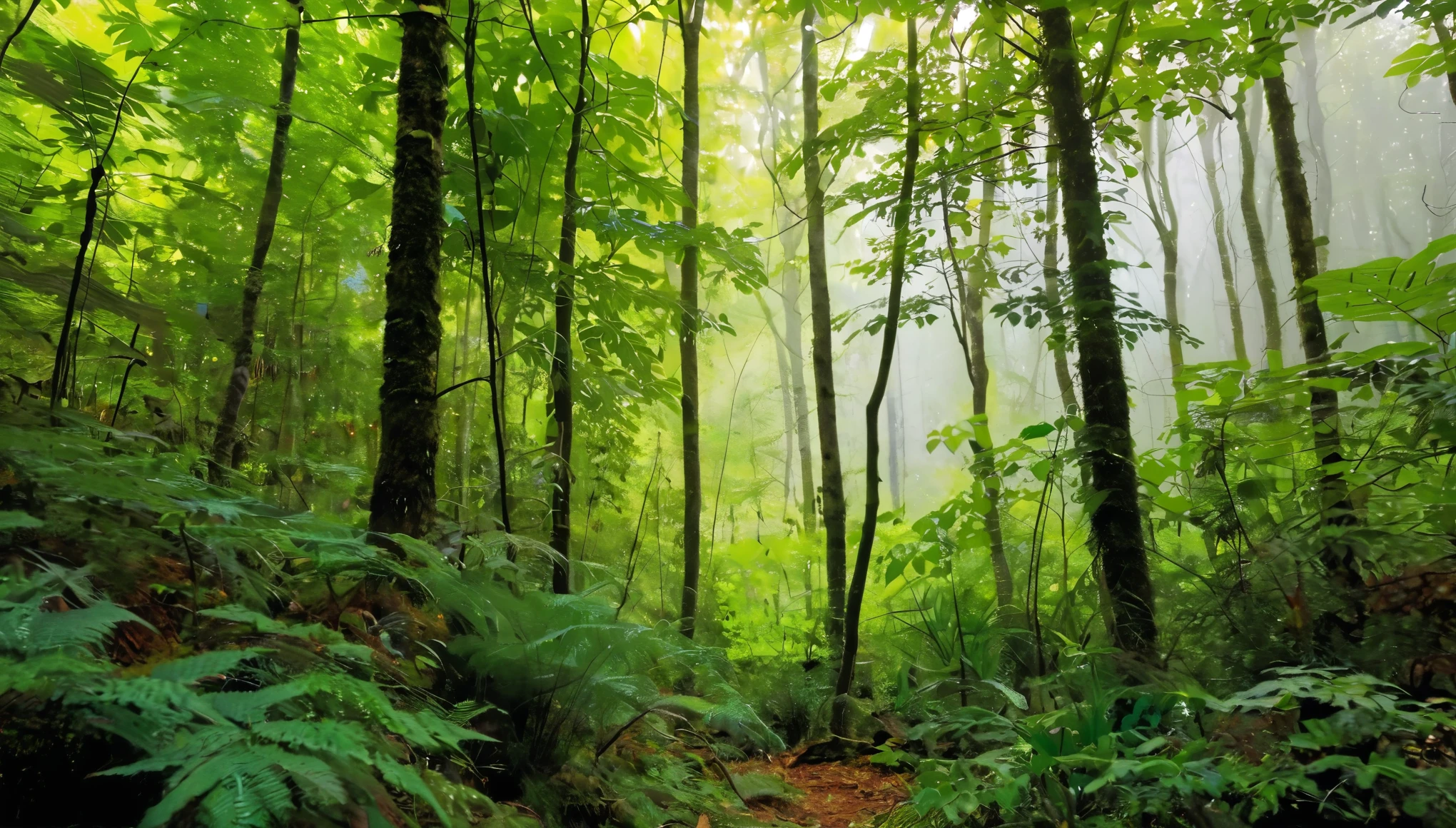A dense and lush forest, full of plants varied in colors and shapes, naturalistic realism style, shades of green with touches of red, yellow and blue, wide view showing the vastness of the vegetation with some plants highlighted in the foreground, conveying a sensation of abundance and vitality.