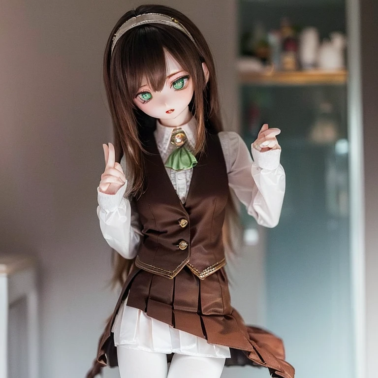 (SFW:2), photorealistic, realistic photo, 8k, ((highest quality)), ((masterpiece)), (extremely detailed), kukolnydom, doll, (mature woman, 21yo, 21 years old, solo:1.6), ((cowboy shot, stylish pose, slim, slender, skinny, medium breasts, hairband, ascot, vest, blouse, long puff sleeves, pleated skirt, black pantyhose)), (green eyes, brown hair, long hair, plastic skin, looking at another, glass eyes, gradient eyes, shining eyes, detailed eyes:1.3)