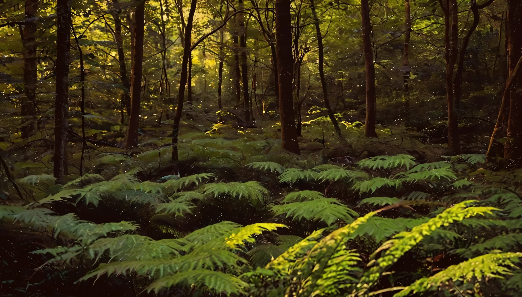 A dense and lush forest, full of plants varied in colors and shapes, naturalistic realism style, shades of green with touches of red, yellow and blue, wide view showing the vastness of the vegetation with some plants highlighted in the foreground, conveying a sensation of abundance and vitality.