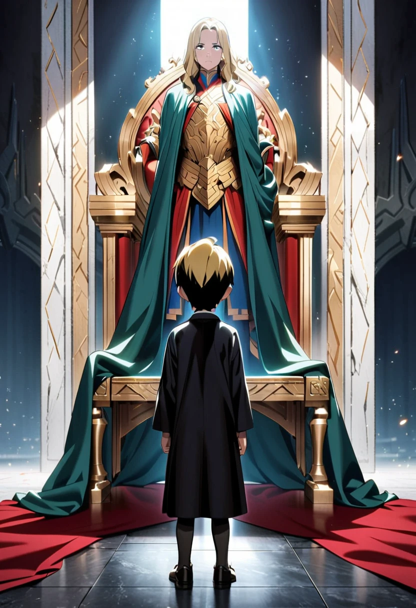 1 small boy, 7 years old,stand with back,Blonde hairstyles,full body angle,Legendary pictures,In front of him was a throne.