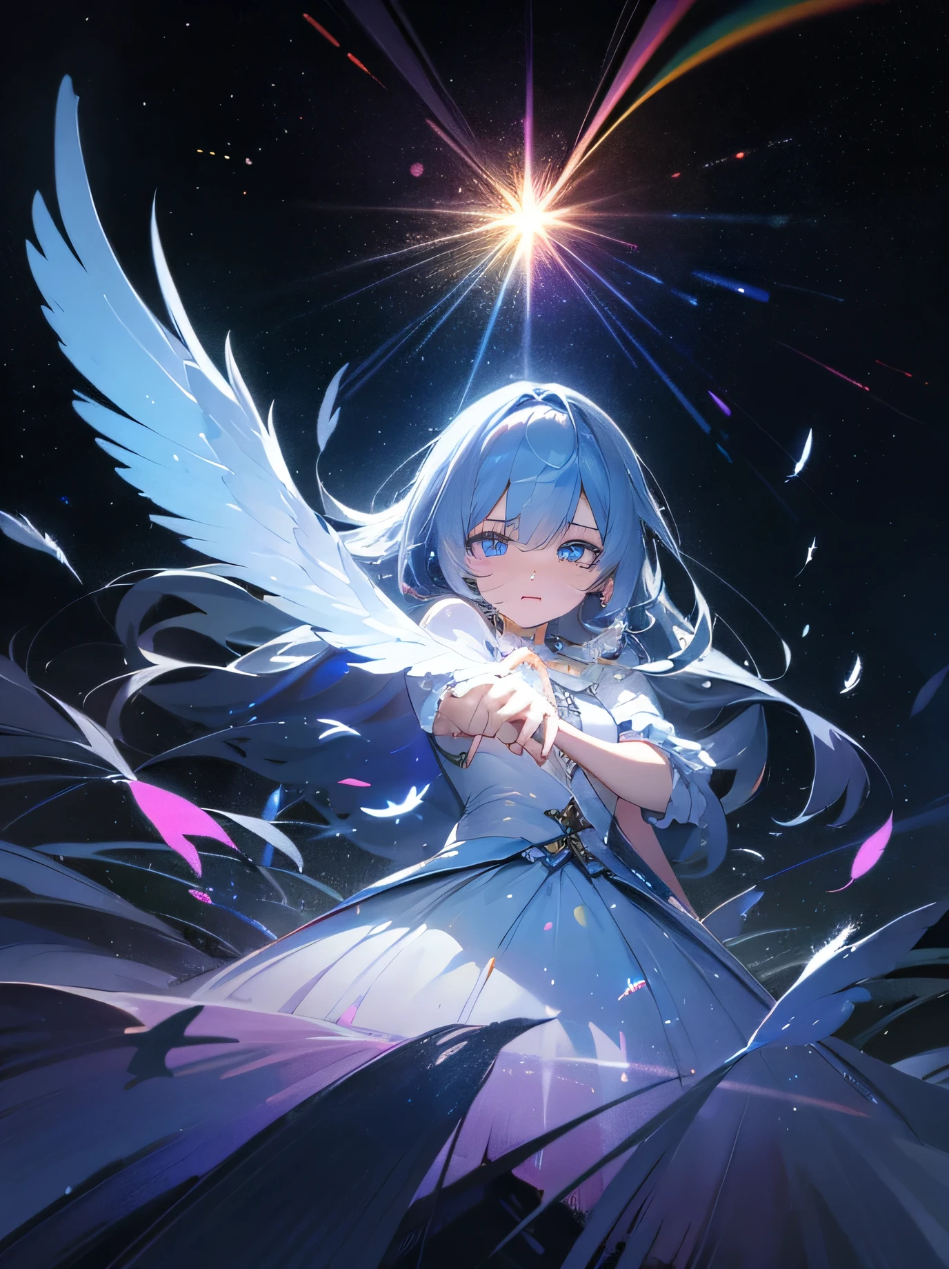 kawaii, anime, Cute, hyper quality, highly detailed, 8k, Clarity, Draw facial expressions in detail, long silver hair woman, mysterious, Beautifully depict the eyes, highlight on eyes, shed tears, clarify shadows, Feathers dance, full of light, Rainbow colored light in your eyes, Make the background stand out, draw the whole body, light pours from heaven, make light and darkness clear, european style, Clarify the contrast between light and shadow, Make the contrast of color saturation clear, starry sky, strengthen contrast, turning around, Improve the depiction of eyes, pull point, Draw water droplets realistically, fireworks on the background, Soap bubble, iris, Uplifting, eye color is blue, Draw the perspective and draw the whole body,