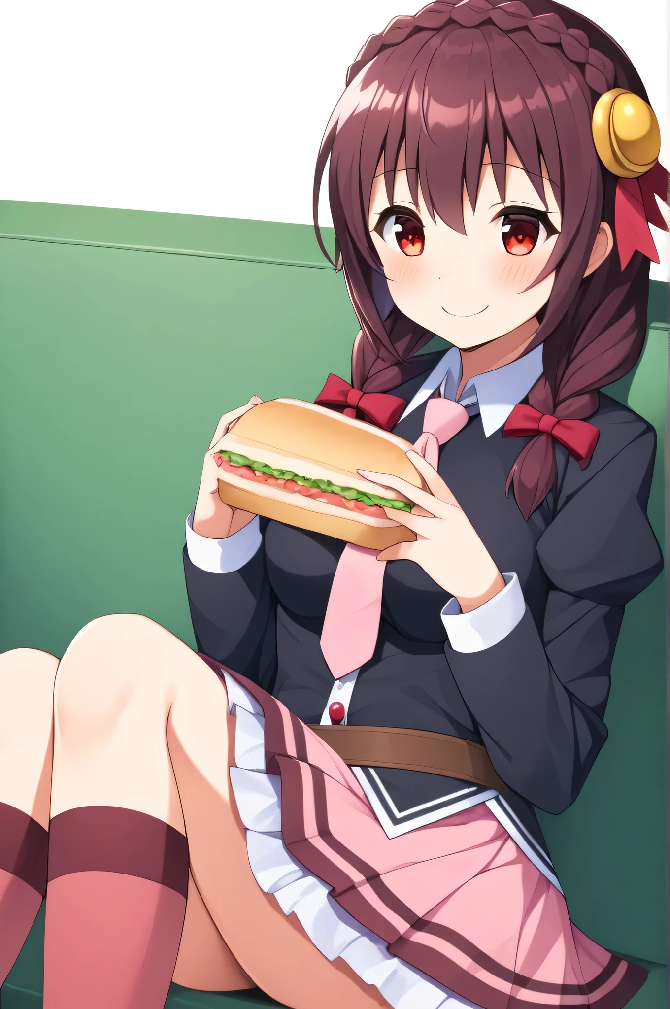 alone, One girl, Yunyun, (A happy smile:1.5)、(blush:1.3)、 Mouth open、View your viewers, Crown braids of the same color as your hair, Red Eyes、hair ornaments, Hair Ribbon, Pink tie, Long sleeve, Pink Skirt, Knee socks, Cleavage, Sitting on a sofa in a cafe、Eating a sandwich