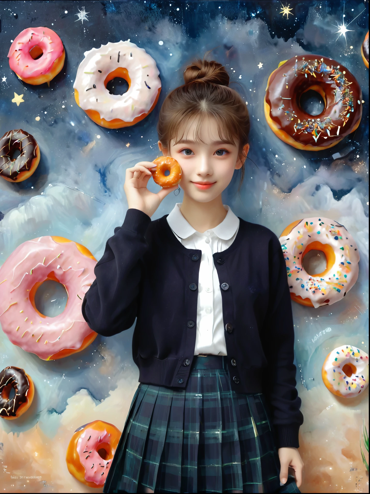 (masutepiece,Digital art,Digital illustration,8k,Super Fine,Beautiful images,Clear images,Photorealism,original photo,Perfect face,Perfect lines,Perfect eyes,Soft Lighting),1girl,(Light brown hair,High bun,Innocent expression,drooped eyebrows,droopy eyebrows,Droopy eyes,Cute big eyes,Natural makeup,Friendly smile,Rounded chin,Petite female:1.3),1boy,(Men wear,muscular,Broad and strong shoulders,Adult male,Boyish Hairstyle,British gentleman style,Cool Boy、A man with a big smile:1.2),(nervous,shy,sleepy,Awkward:1.2),Innocent smile,(Awkward,shy的微笑:1.1),充满灯光的Donut店,Donut,各种Donut,Uniforms,suit,Black plaid pleated skirt,Loose cardigan,Female high school student,(吃Donut:1.9),Couple,(microorganism,plant,Marine life,Exquisite eyes,Starry Sky,Stitching together an abstract painting,Describing the inner world of autistic people,Sense of space,White Space,interesting,Innocence,Psychedelic Art)