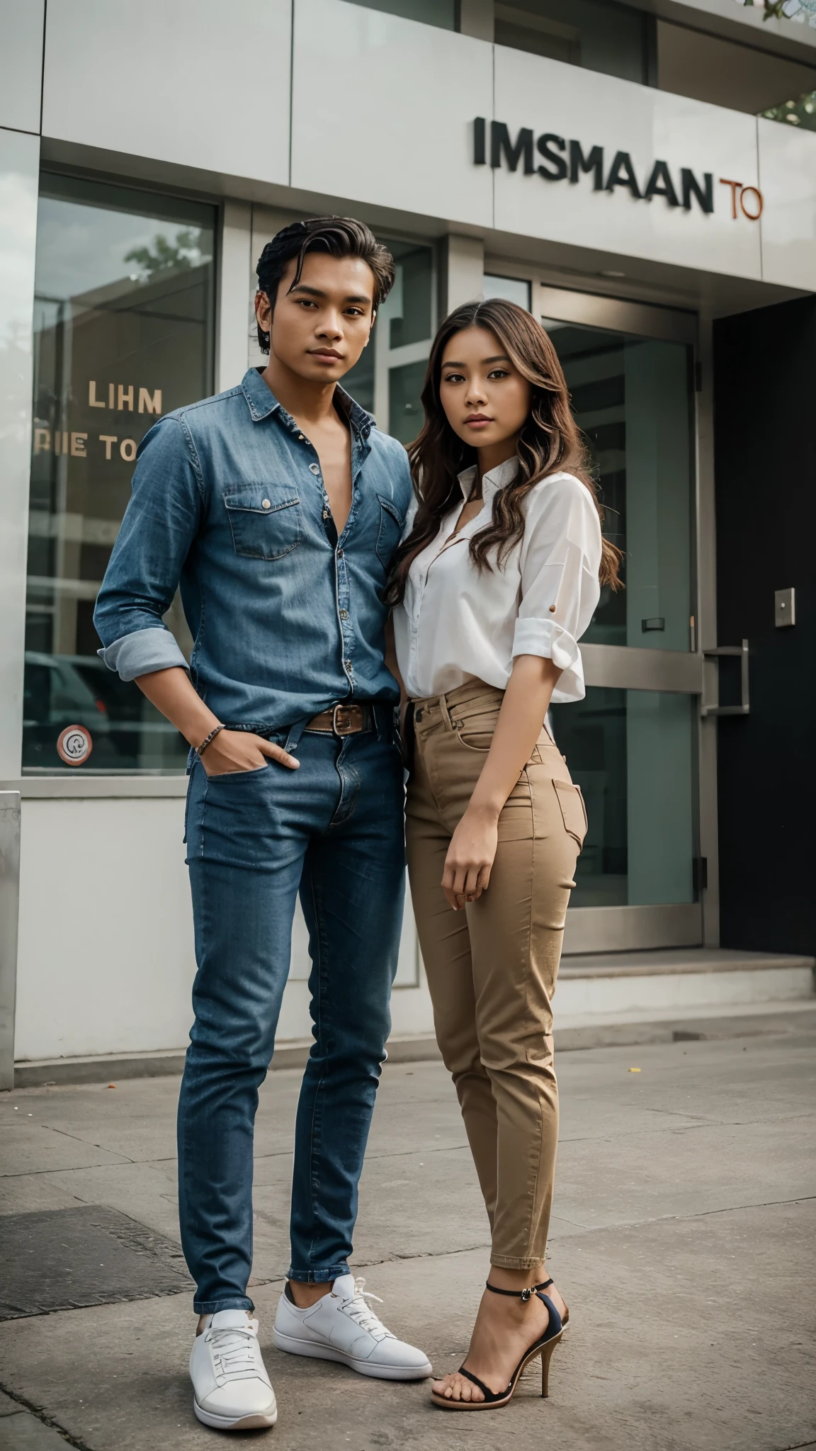 an Indonesian man and an Indonesian woman standing next to each other, an image, inspired by Adam Dario Keel, which is trending in the cg community, a handsome young Indonesian man with a beautiful young Indonesian woman with wavy hair, a man dressed in a shirt with shoes and a woman dressed in a blouse and skinny jeans and heels. singer, movie screencap, model elisajes from acquamodels