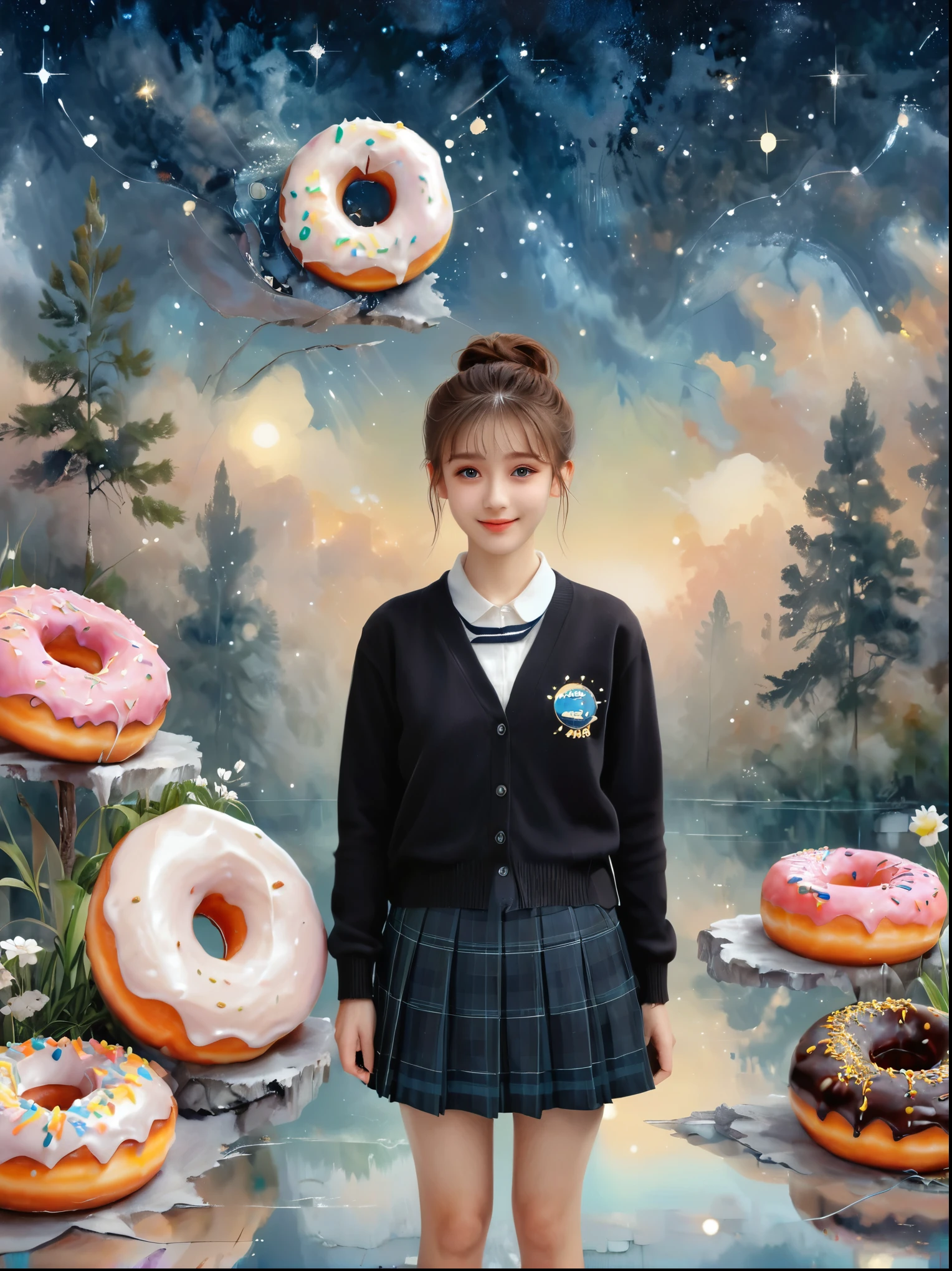 (masutepiece，Digital art，Digital illustration，8k，Super Fine，Beautiful images，Clear images，Photorealism，original photo，Perfect face，Perfect lines，Perfect eyes，Soft Lighting)，1girl,（Light brown hair，High bun，Innocent expression，drooped eyebrows，droopy eyebrows，Droopy eyes，Cute big eyes，Natural makeup，Friendly smile，Rounded chin，Petite female:1.3)，1boy，(Men wear，muscular，Broad and strong shoulders，Adult male，Boyish Hairstyle，British gentleman style，Cool Boy、A man with a big smile：1.2），(nervous，shy，sleepy，Awkward:1.2)，Innocent smile，(Awkward，shy的微笑:1.1)，充满灯光的Donut店，Donut，各种Donut，Uniforms，suit，Black plaid pleated skirt，Loose cardigan，Female high school student，(吃Donut:1.9)，Couple，(microorganism，plant，Marine life，Exquisite eyes，Starry Sky，Stitching together an abstract painting，Describing the inner world of autistic people，Sense of space，White Space，interesting，Innocence，Psychedelic Art)