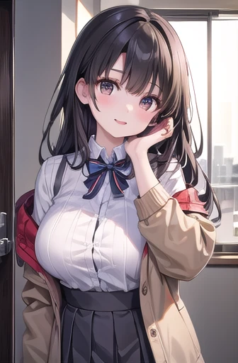 Hand on chin, masterpiece、Highest quality、 

25-year-old woman.Megumi Katou、Long black hair, Beautiful brown eyes、smile、Sparkling eyes, (fine grain)、Very fine eye、Highly detailed face, Highly detailed eyes,、


wearing a beige suit、Wearing a beige skirt、I can see your thighs、shy, Open your mouth, Are standing、The background is the office、Bold composition、The upper body is shown、alone、Face close-up,Big Breasts