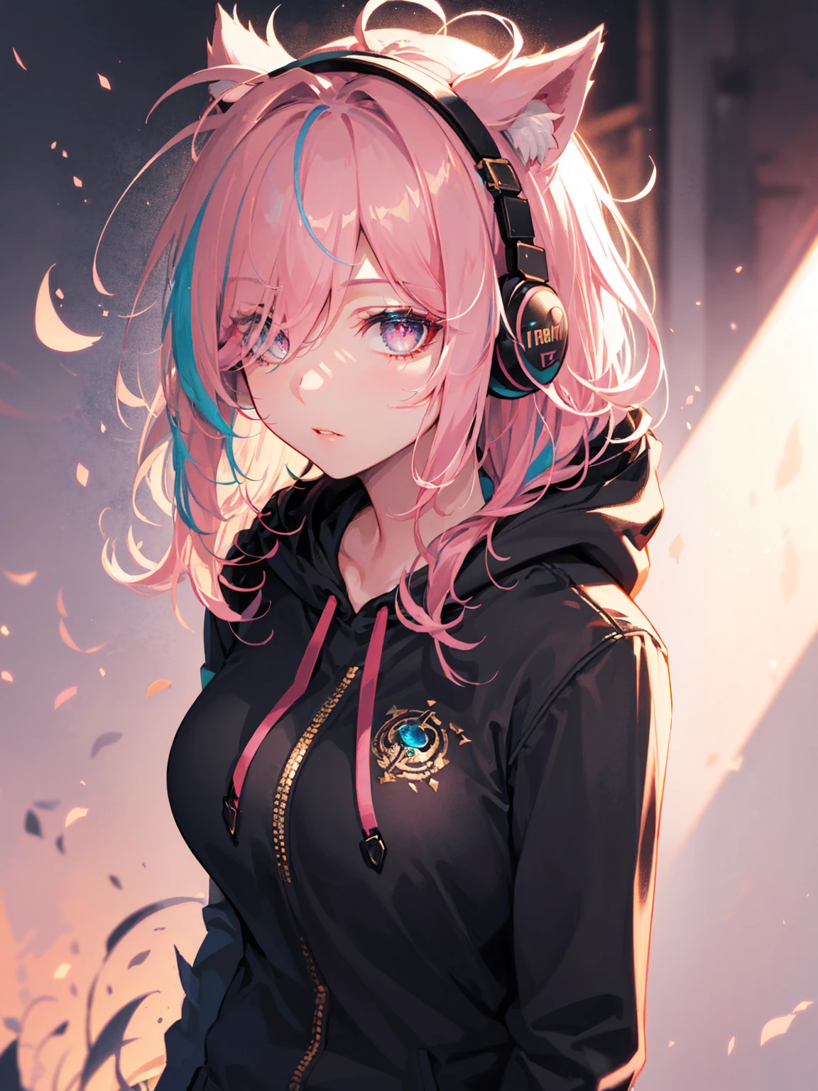 (sharp focus:1.2), masterpiece, ultra detailed, cinematic lightings, volumetric lighting, attractive young woman, (beautiful face:1.1), detailed eyes, luscious lips, (perfect body:1.2), perfect breasts, round breasts, upper body, cowboy shot, hoodie, coat, hood, earphone, animal ears, (moody lightings:1.2), (light rays:1.2), depth of field, bokeh, 4K, HDR. detailed iris, sparkle eyes, star in eyes, enchanting pink eyes, (multicolored eyes), (shining dust), (pink hair:1.3), (messy hair:1.3), (hair between eyes), (hair over one eye:1.2), (wavy hair:1.2)