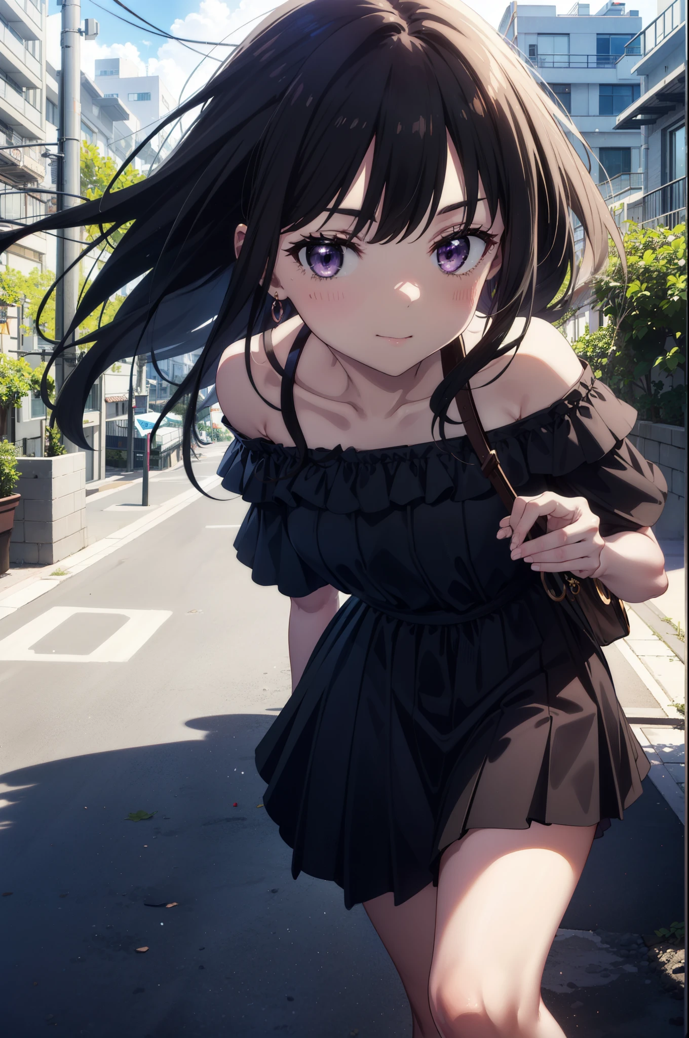 Takiuchikami,Long Hair, bangs, Black Hair, (Purple eyes:1.2),Blue off-the-shoulder dress,Long skirt,Heeled Sandals,Daytime,sunny,Palm tree,Walking,smile,blush,whole bodyがイラストに入るように,
break outdoors, tropical,Coastal Road,
break looking at viewer, whole body,
break (masterpiece:1.2), Highest quality, High resolution, unity 8k wallpaper, (shape:0.8), (Beautiful attention to detail:1.6), Highly detailed face, Perfect lighting, Highly detailed CG, (Perfect hands, Perfect Anatomy),