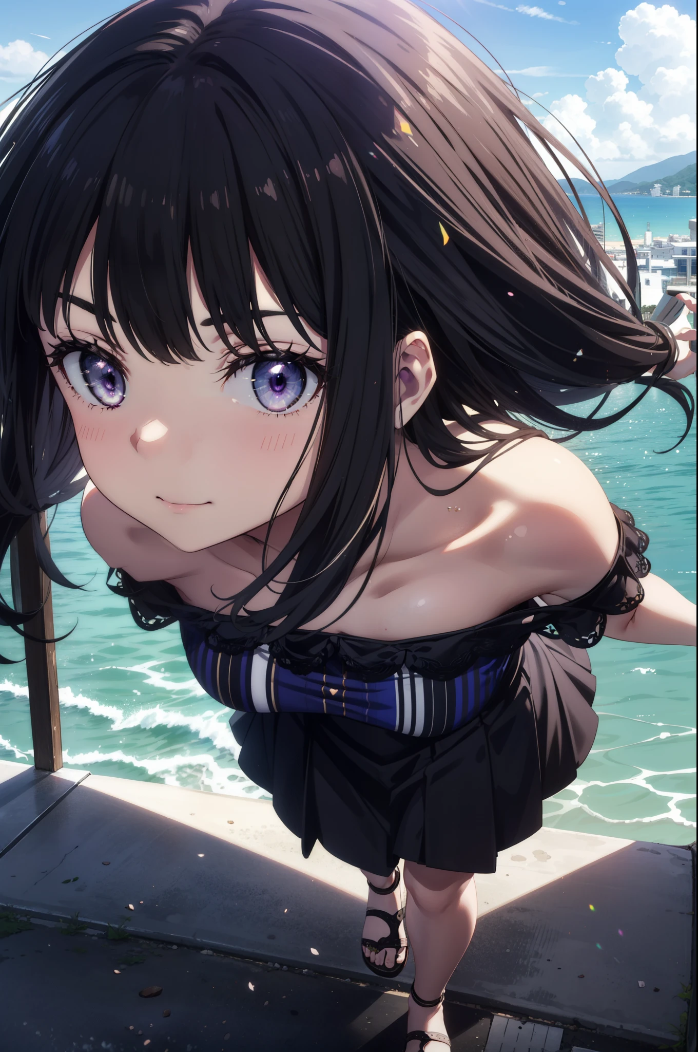 Takiuchikami,Long Hair, bangs, Black Hair, (Purple eyes:1.2),Blue off-the-shoulder dress,Long skirt,Heeled Sandals,Daytime,sunny,Palm tree,Walking,smile,blush,whole bodyがイラストに入るように,
break outdoors, tropical,Coastal Road,
break looking at viewer, whole body,
break (masterpiece:1.2), Highest quality, High resolution, unity 8k wallpaper, (shape:0.8), (Beautiful attention to detail:1.6), Highly detailed face, Perfect lighting, Highly detailed CG, (Perfect hands, Perfect Anatomy),