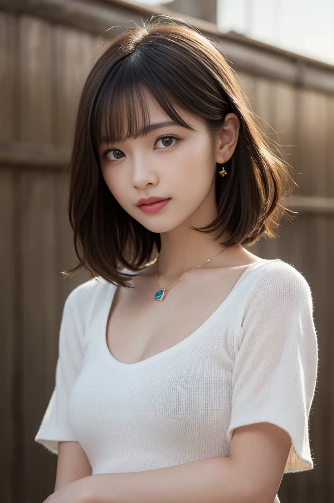 (Highest quality、High resolution、masterpiece:1.3)、Tall and pretty woman、Big ample breasts、Dark brown hair,Scattered wavy、Medium Breast、Wear a pendant、abdomen、Short pants、(Background coast)、Exquisite expression of facial and skin texture details、Detailed eyes、double eyelid、A light smile、Upper Body、Short fine hair、Starry Sky、Put your arms behind your head、Saggy eyes、