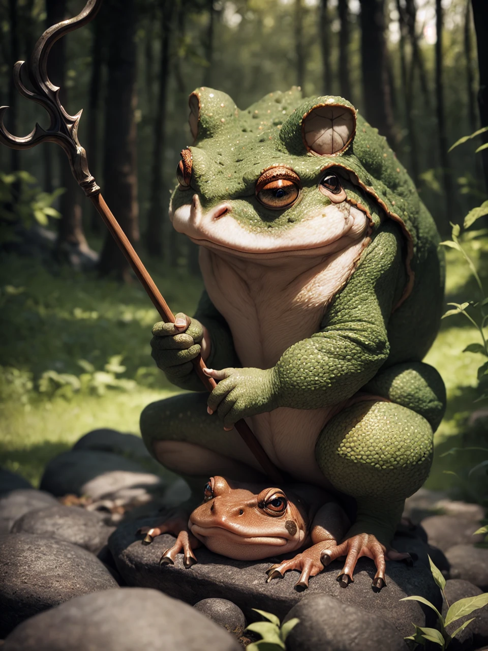 best quality,4k,highres,masterpiece:1.2,ultra-detailed,realistic:1.37,portrait,landscape,Toad Sage,wise and noble appearance,toad sitting on a rock,holding a wooden staff,old and wrinkled skin,detailed toad eyes,revealing a sense of wisdom and power,lush green forest in the background,misty atmosphere,vivid colors,natural lighting,bokeh