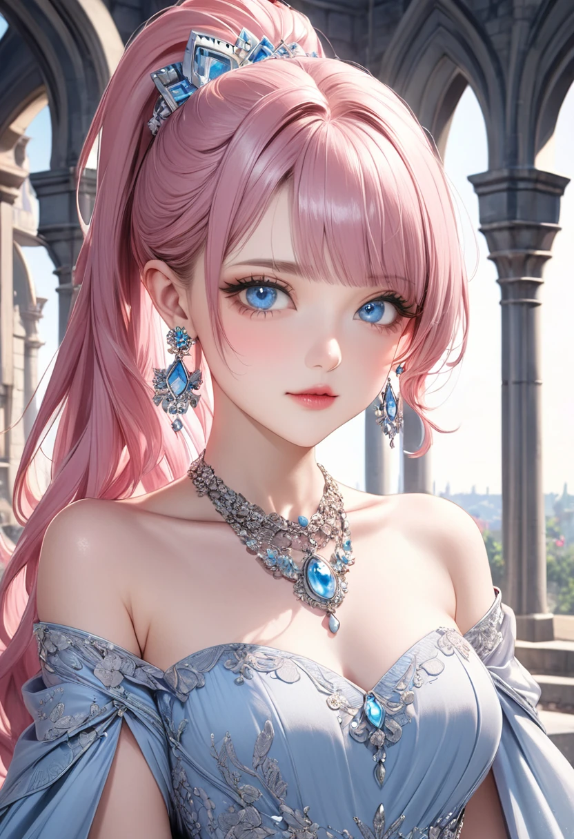1 female Pink ponytail Pink eyebrows Dull light blue eyes Socialite debut A light blue long dress with silver embroidery Inside the castle full moon hair ornaments Gorgeous necklace with matching earrings Silver waist