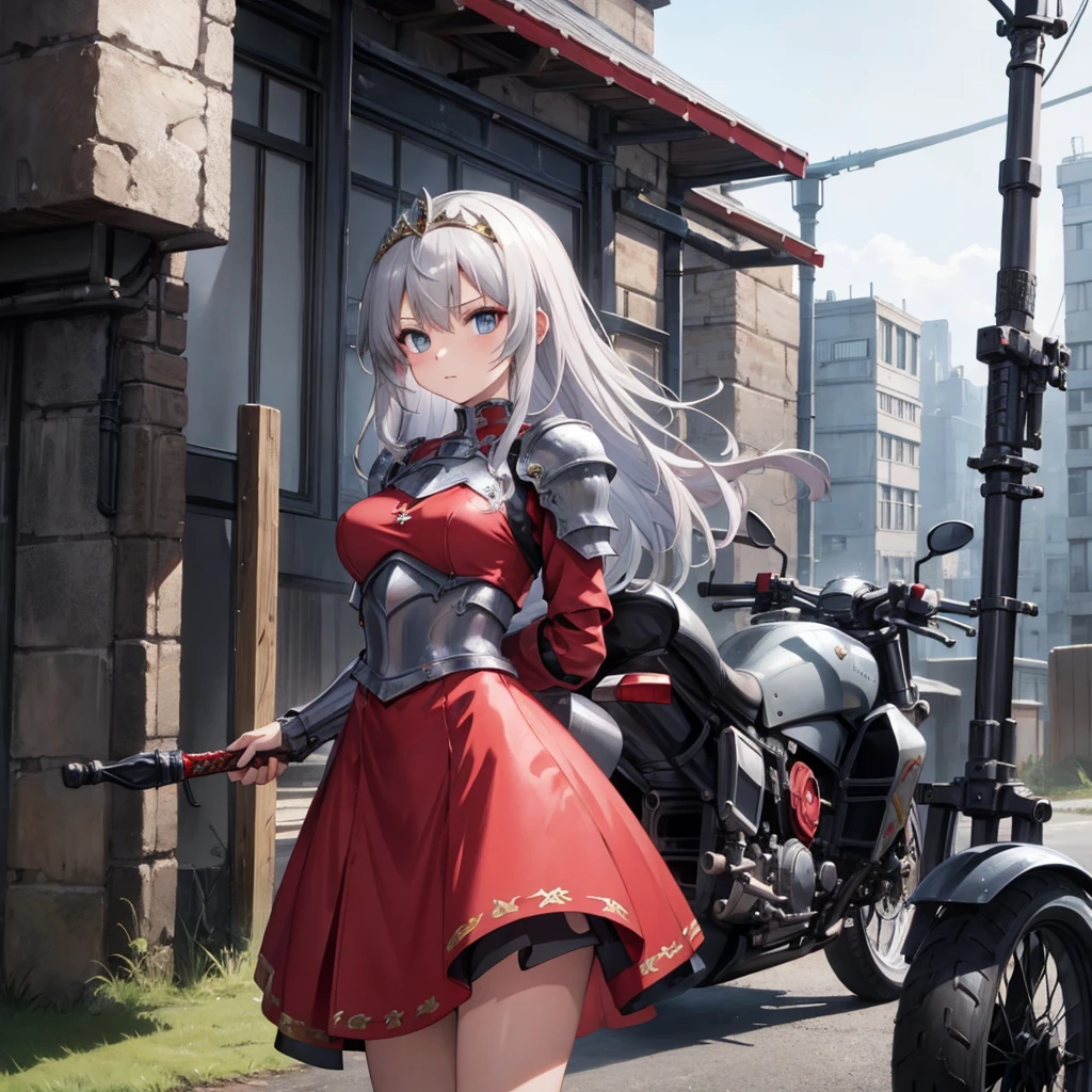 (masterpiece), Highest quality, Fantasy art, One girl, (alone:1.5), a female knight in red dress and metal armor with gold decoration Holding giant sword, Long Hair, Gray Hair, tiara, Glare, arms, sword, Holding_arms, riding on a cyberpunk style motorcycle, motorcycle, Ground vehicles, car, Cyber Cityの背景, ((Cyber City)),Speed Line, Bright colors,Dress in Armor、17277fbe68,dark,White background、