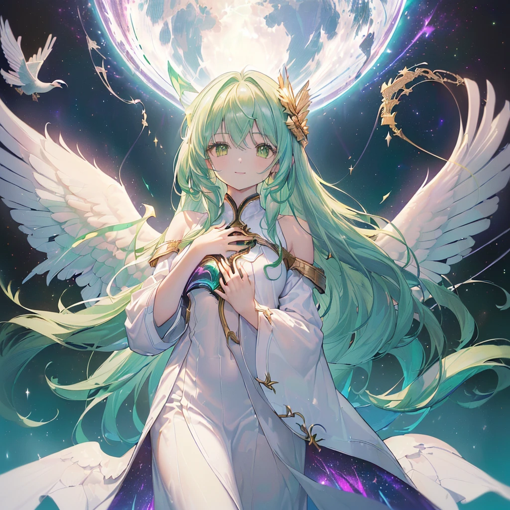 (((((Archangel、Put your hands on your chest、Face it、close Galaxy Background、Shine))))) ((((Pure white ring on head Fantasy Long Hair、Green Hair、Swaying in the Wind Green Eyes Wings bigger than me)))) (((Smile))) ((Countless white pigeons)) (Distorted Space-Time Big full moon Light) Shine背景 Lightの粒子, Shineエッジ