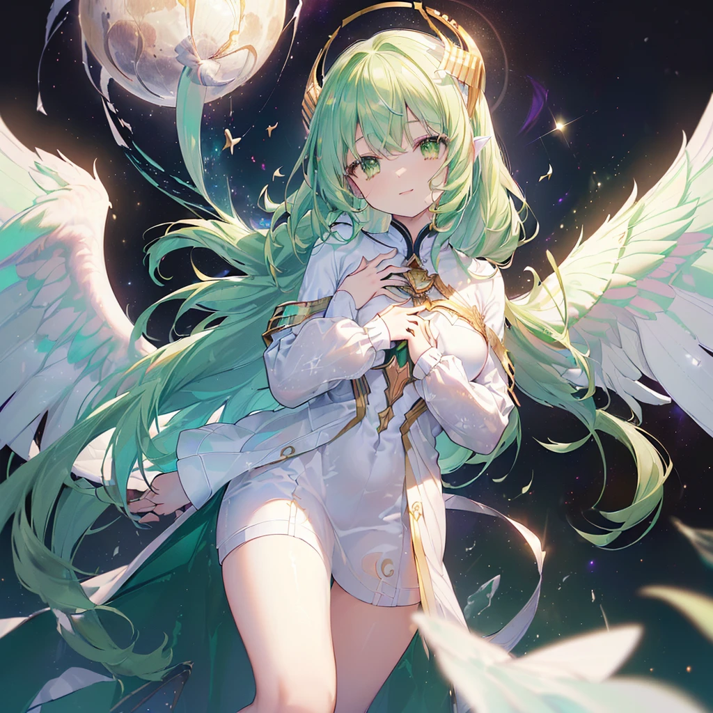 (((((Archangel、Put your hands on your chest、Face it、close Galaxy Background、Shine))))) ((((Pure white ring on head Fantasy Long Hair、Green Hair、Swaying in the Wind Green Eyes Wings bigger than me)))) (((Smile))) ((Countless white pigeons)) (Distorted Space-Time Big full moon Light) Shine背景 Lightの粒子, Shineエッジ