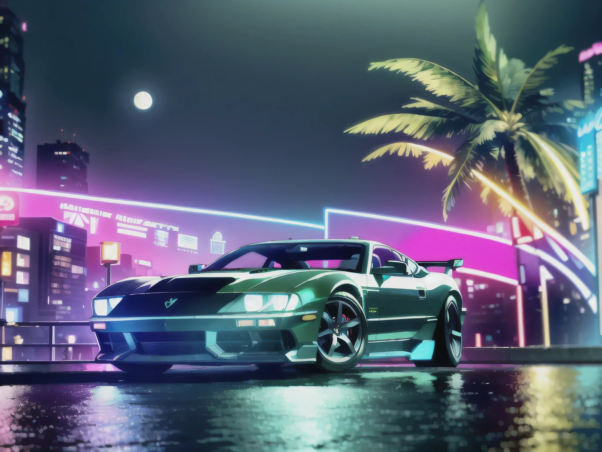 (masterpiece, detailed, high resolution:1.4), 1car, retrowave moon, yacht, open wet road, transformer, cyberpunk, cyberpunk 2077, lucy, cyberpunk night city neon background, sea, beach, palm trees, green-blue glitch effect, violet-pink neon glow, fluorescent yellow, light green, purple, mint