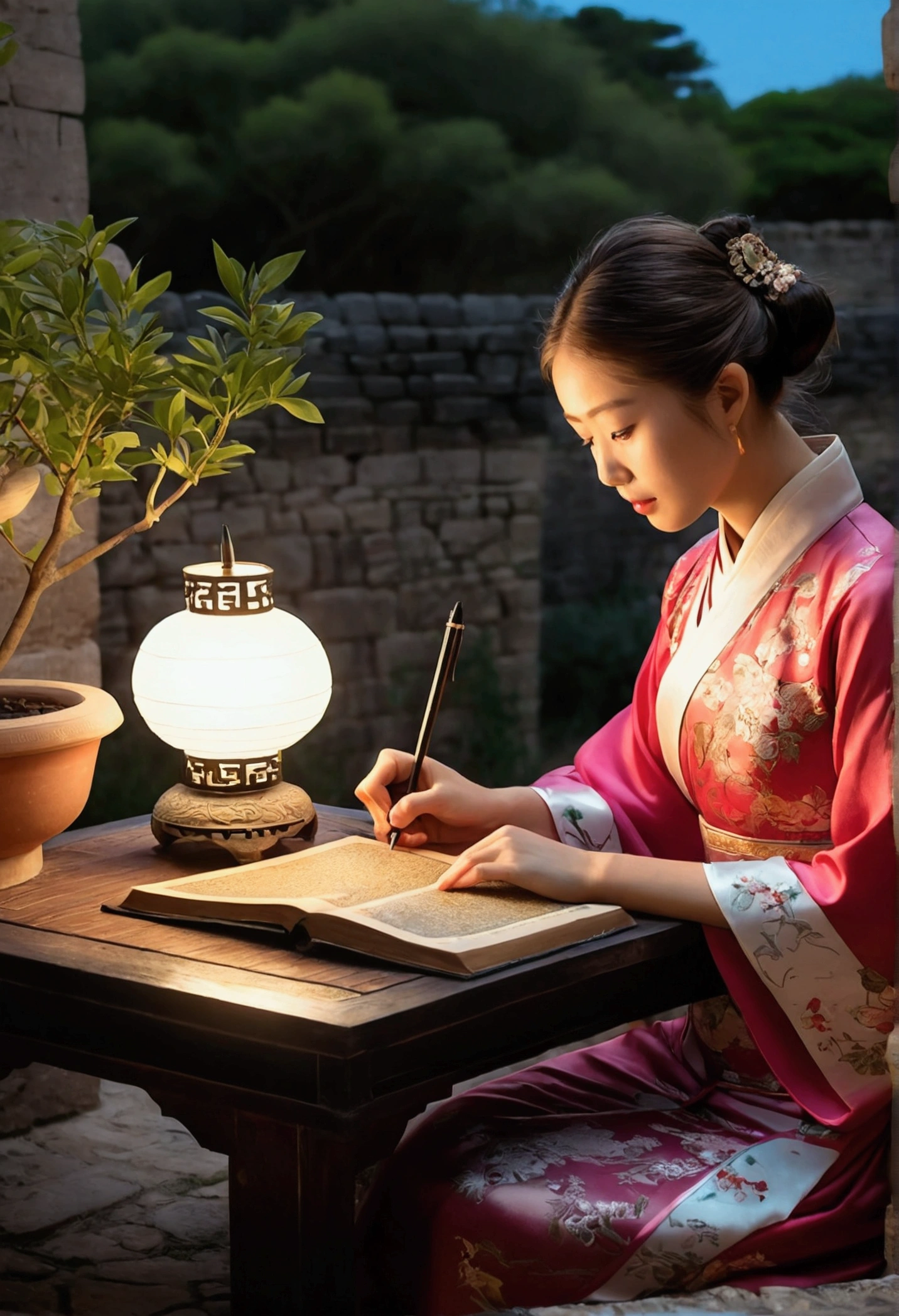 A photo of a beautiful girl in a traditional Chinese dress looking at the ancient Chinese book under the lamp on a low table in the garden surrounded by ancient walls on a peaceful evening,((His right holds a pen and his left hand places it on the table)),((master part)),Realistic,4k,extremamente detalhado,((lindos olhos grandes))