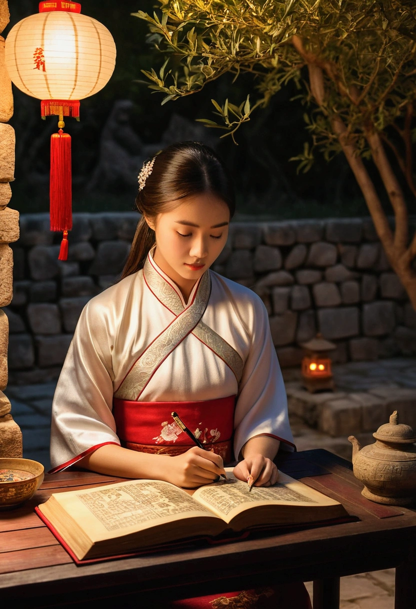 A photo of a beautiful girl in a traditional Chinese dress looking at the ancient Chinese book under the lamp on a low table in the garden surrounded by ancient walls on a peaceful evening,((His right holds a pen and his left hand places it on the table)),((master part)),Realistic,4k,extremamente detalhado,((lindos olhos grandes))
